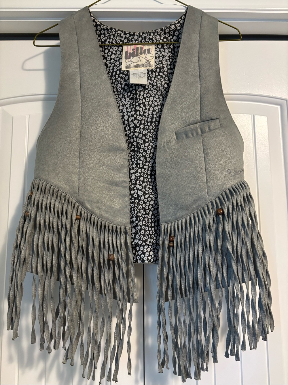 Billabong Fringe Vest | Soft Grey Faux Suede | Size Large